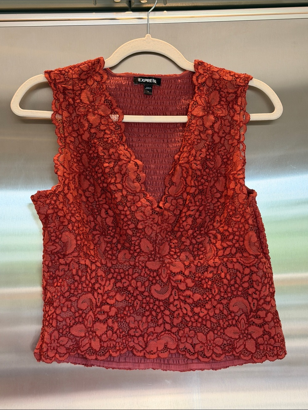 Express Lace V-Neck Smocked Back Rust Colored Tank